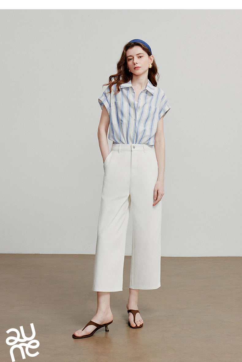 TOYOUTH Women Blouse Shirt 2025 Summer New Blue and White Striped Sleeveless Turn Down Collar Casual Shirt Tops 8522042