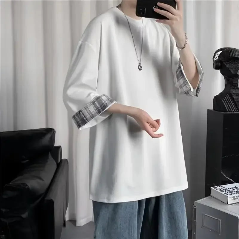 New Fashionable Summer Korean Style Short Sleeve T-shirt For Men Loose Fit Trendy Two-piece Illusion Half Sleeve Hong Kong Style