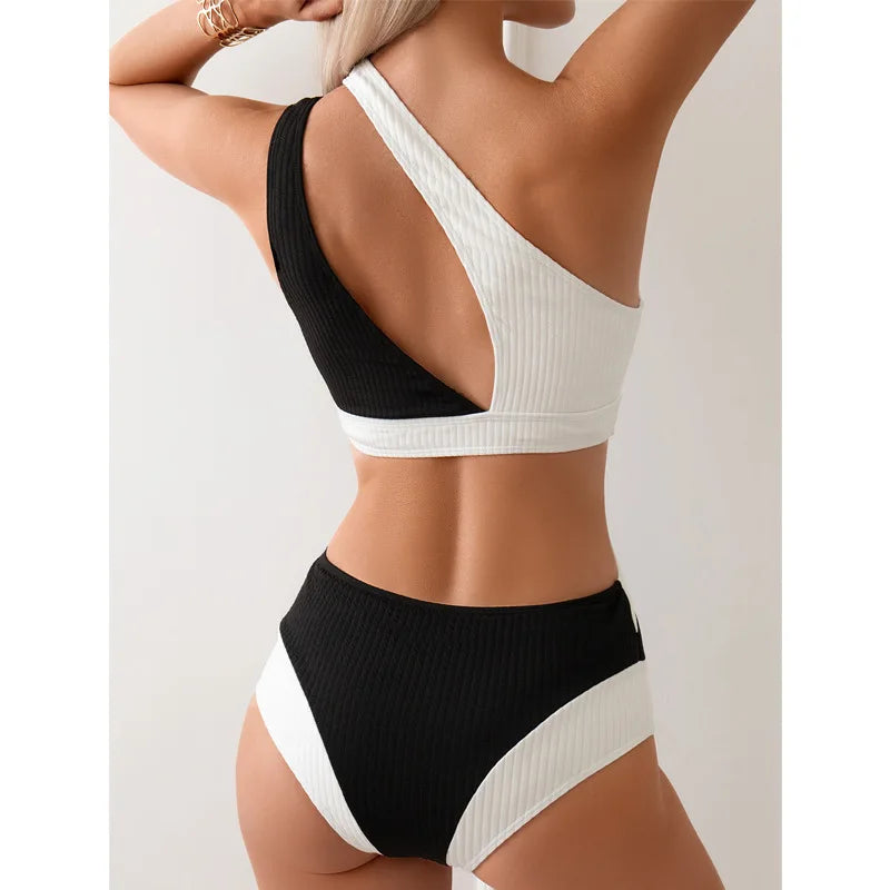 Korean Version of Sexy Shoulder One-piece Swimsuit Women's New Bear Gathering Belly Swimsuit Hot Spring Women's Conservative