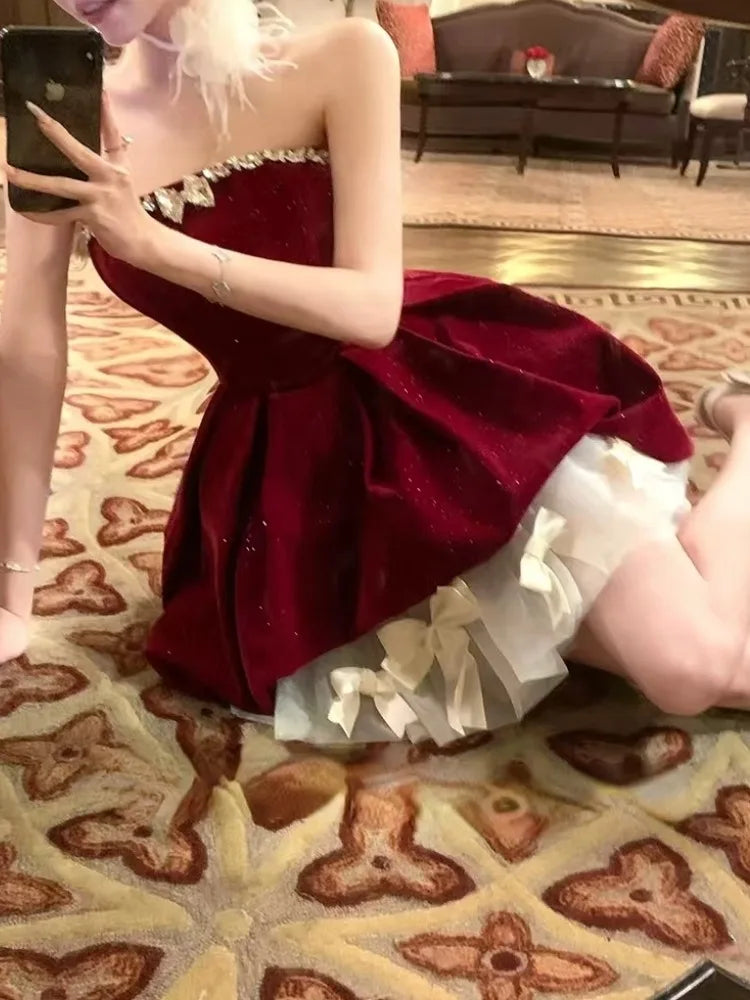 Fashion New Women Vintage Velvet Party Dress Sleeveless Elegant Mesh Patchwork Christmas Short Dress Female Clothes Vestidos