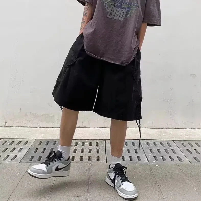 Loose Casual Men's Workwear Shorts Summer Wide Leg Drawstring Five-Quarter Pants Retro Japanese Style Outerwear Shorts