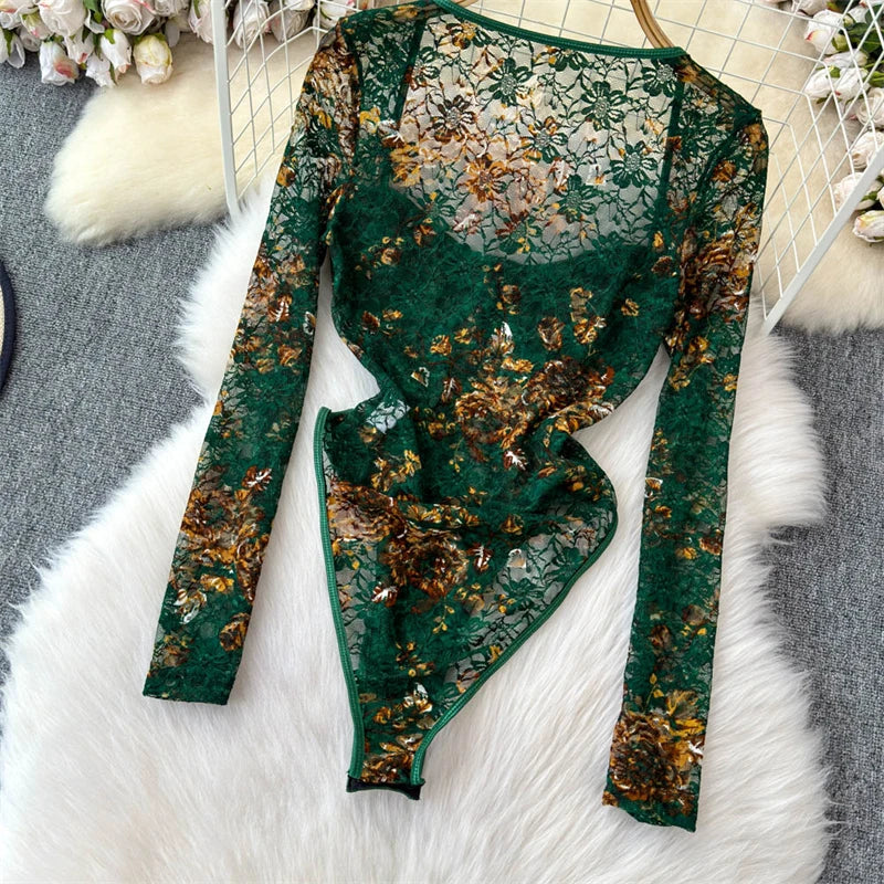 Women's Green Lace Jumpsuits Vintage Skinny Playsuits Harajuku Long Sleeve Square Collar Exotic Sexy Rompers Coquette Clothes