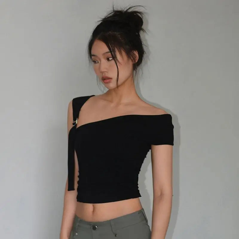 Summer T-shirts Women Sexy Folds Sweet Irregular Bandage Design Slim Chic Skew Collar Crop Tops Aesthetic Club American Clothes