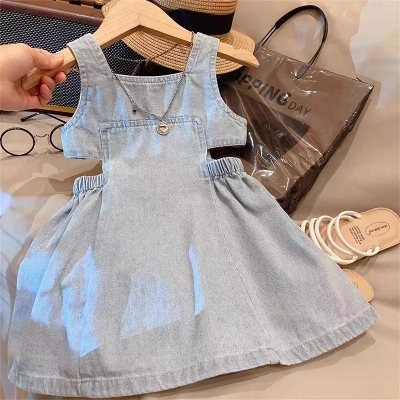 MILANCEL New Summer 2 - 7 Years Old Girls' Blue Denim Sling Dress with Waist - revealing Design - Stylish Summer Outfit