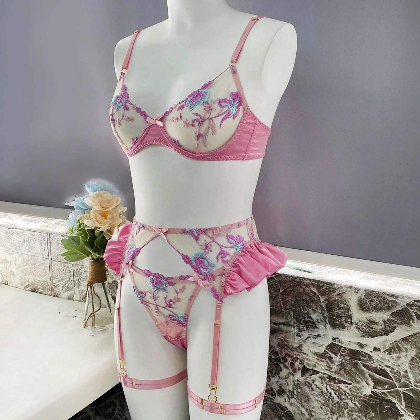 Sexy Lingerie Set Women Ruffle Embroidery Push Up Bra Sheer Thongs Garter Belt 4-Piece Erotic Underwear Transparent Outfits