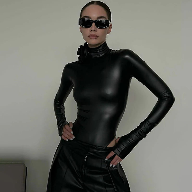 Hugcitar Fashion Pu Leather Black Turtleneck Tie Flower Long Sleeve Buttons Sexy Bodycon Bodysuit Women Party Overalls Romper