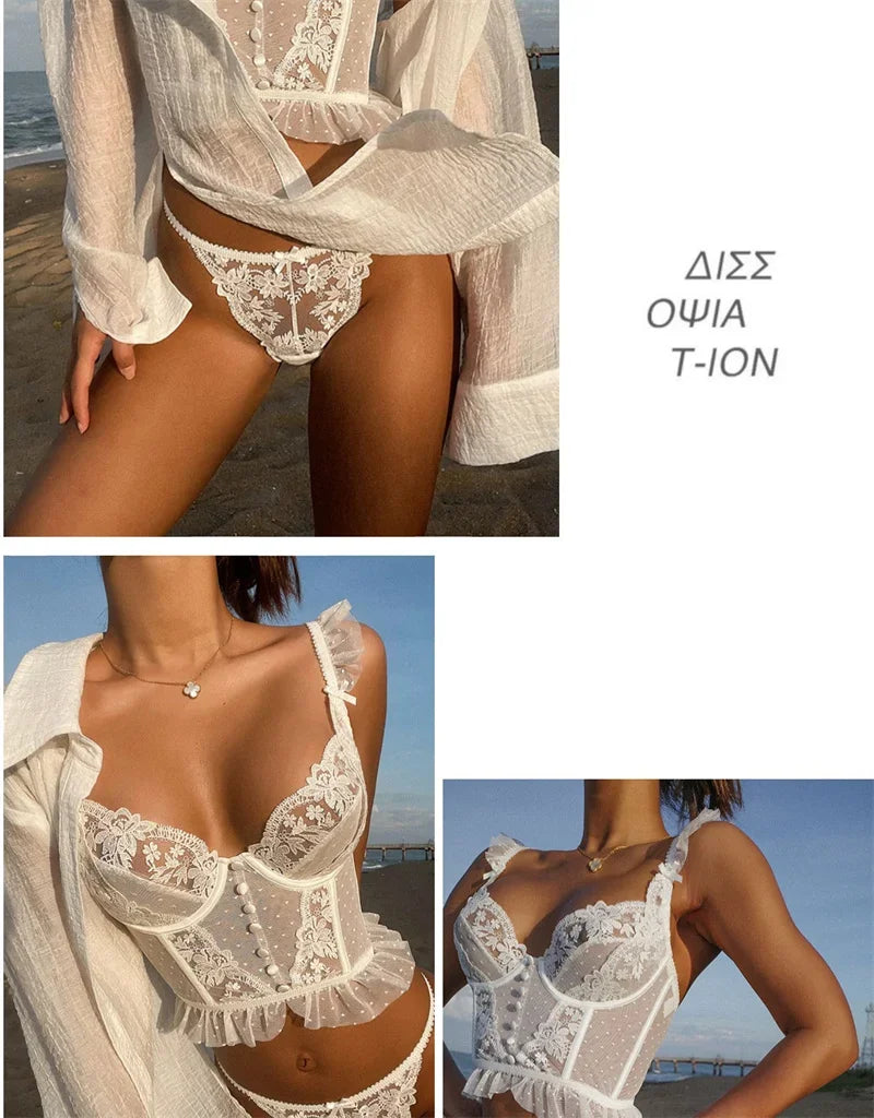 French Sexy Ultra Thin Underwear Women Lace Embroidery Flowers Bra Set Breathable Body Shap Bras and Thongs Sets Lingerie