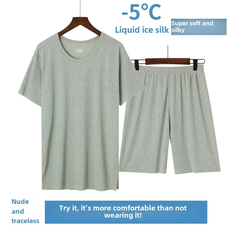 Summer Men's Ice Silk Pajamas Short Sleeves Printed Suit Home Clothes Five-Minute Pants Lightweight Comfortable Sleepwear