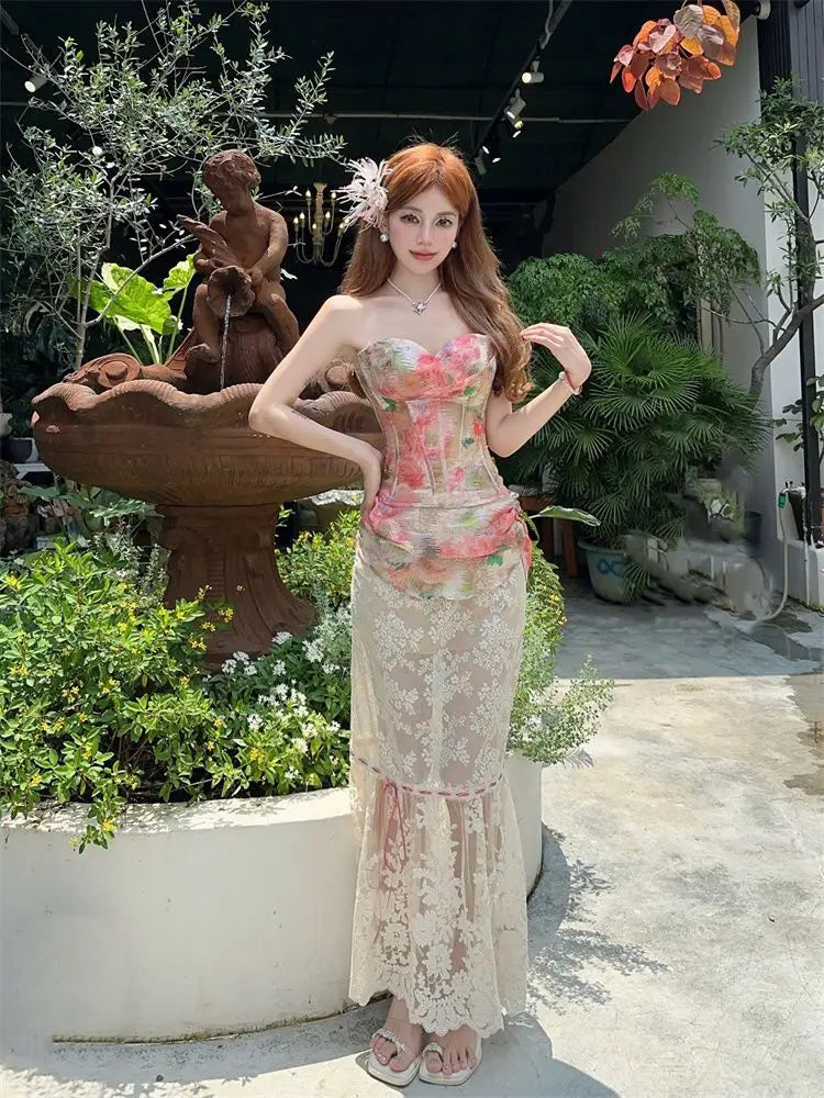 Summer Women Two Piece Set Floral Corset Top and Lace Midi Skirt Elegant Mesh Outfit Slim Fit Vintage French Style Beach Suit
