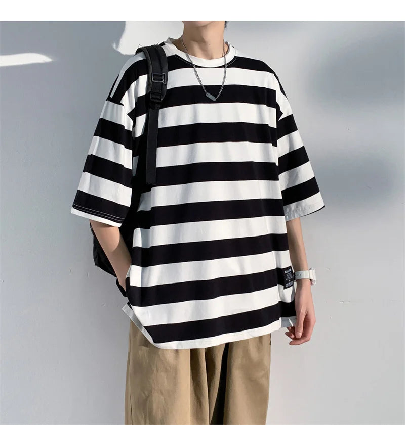 Men's Cotton T-shirt Striped Mens Oversized T Shirts Split Hem Fashion Tee Shirts Casual Wear Summer Tshirt 5XL Big Size for Man
