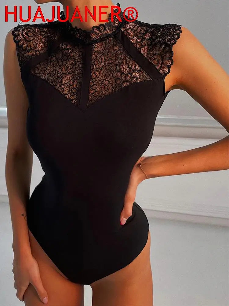 Women Sexy Black Lace Bodysuits Rompers Sleeveless Slinky New Fashion Bodycon Wrap Bodysuit