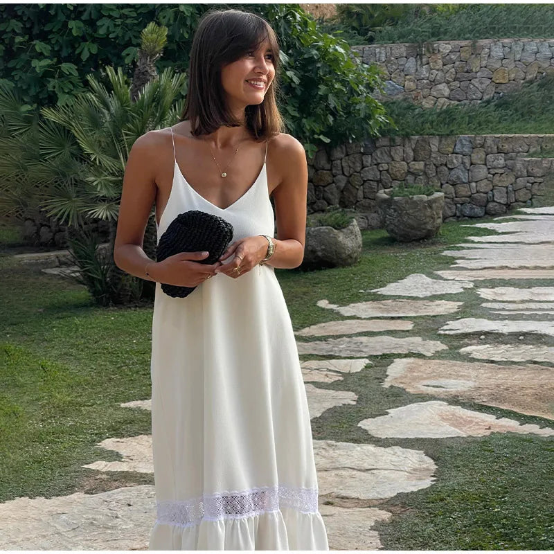 Elegant Women's Solid Backless Pleated Dress Fashion Patchwork Sleeveless Backless Long Dresses Lady Summer Holiday Beach Robes