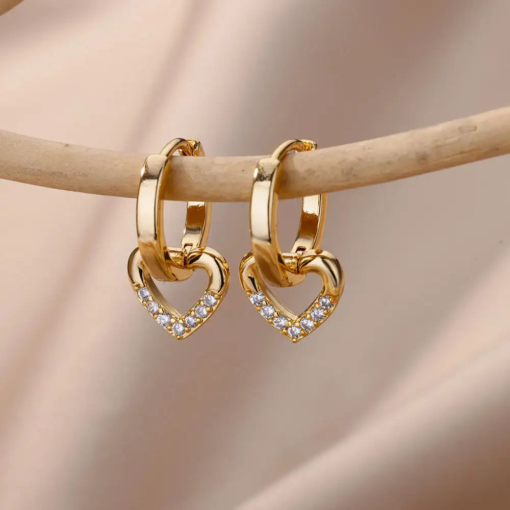 Hollow Zircon Heart Earrings For Women Stainless Steel Gold Color Heart Earring Luxury Wedding Couple Jewelry Gift Free Shipping