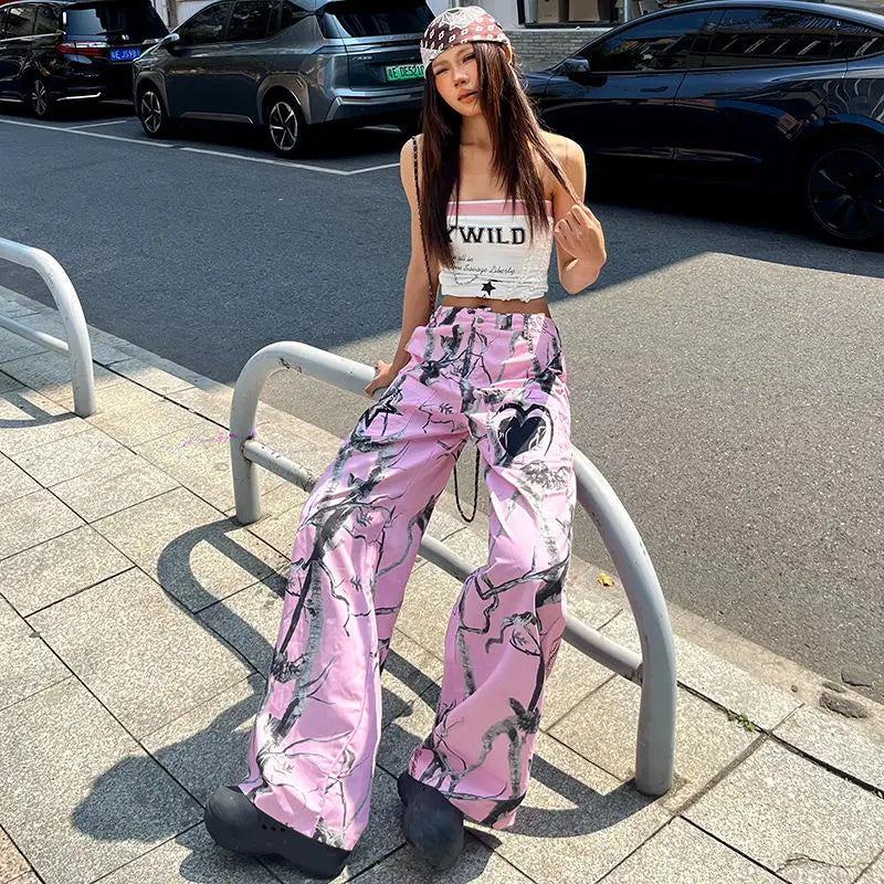 Gothic Women High Street Jeans Y2K Clothing Harajuku Hip-hop Street Retro Pink Loose Jeans High Waist Slim Fit Wide Leg Pants