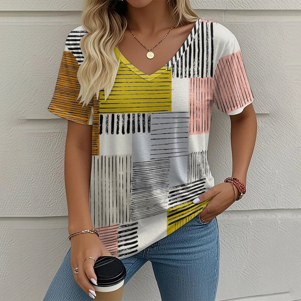 Summer Vintage Women's T-shirt Casual Plaid Pattern Printed Clothing Outdoor V-neck Short Sleeve Top Fashion Street T-Shirts