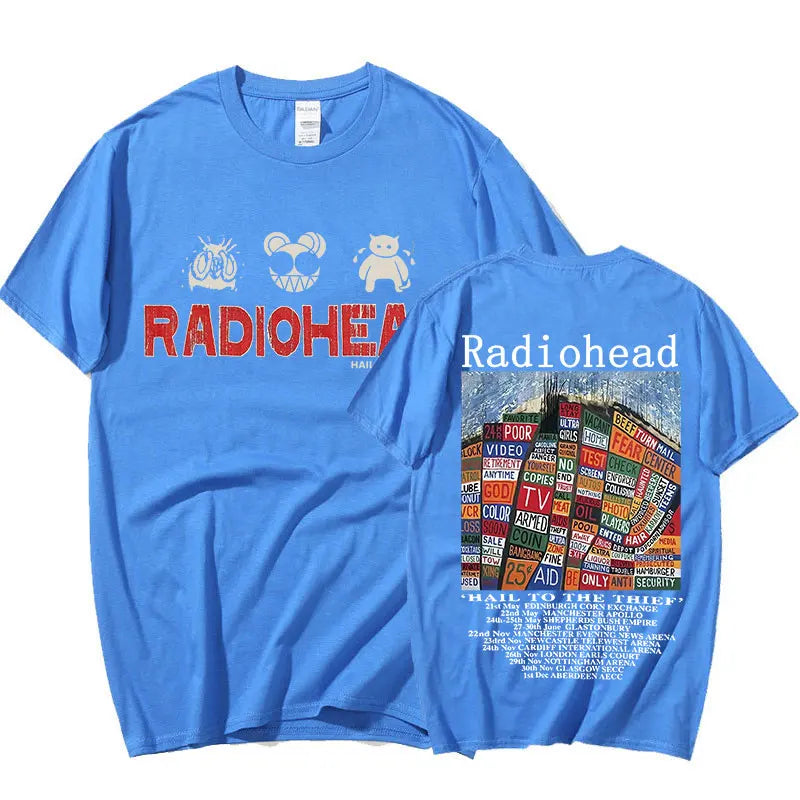 Radiohead Vintage Print T Shirt Men's Oversized 100% Cotton Unisex T-shirts Hip Hop Rock Band Hail To The Thief Music Album Tees