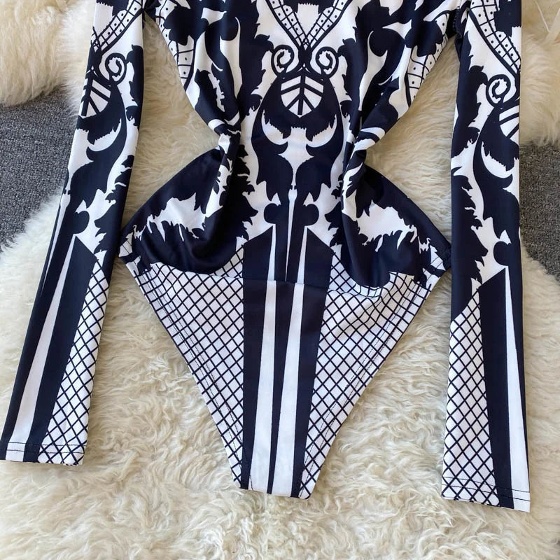 Women Bodysuit 2024 New Spring Fashion Diamonds Long Sleeve T-shirt Casual Streetwear Floral Print Sexy Skinny Bodycon Tops