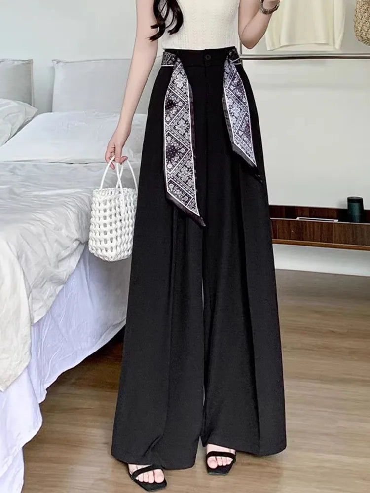 Zoki Chic Lace Up Suit Wide Leg Pant Women Elegant Loose High Waist Bow Trousers Korean Fashion Female Casual Sweet Pants New