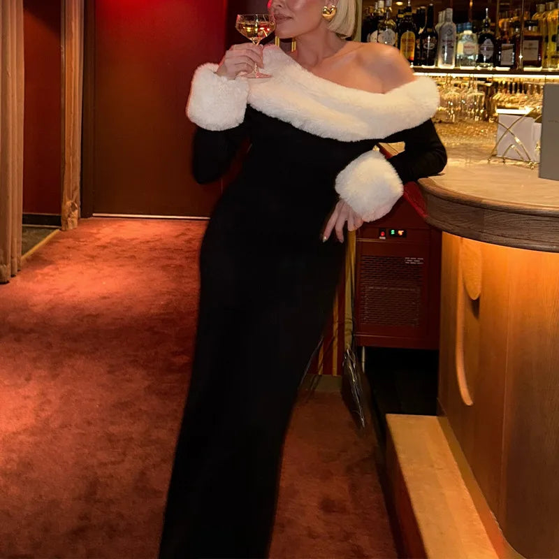 Tossy Fluffy Winter Slim Maxi Dress Female High Waist Long Sleeve Sexy Off-Shoulder Patchwork Bodycon Dress Ladies Party Dress