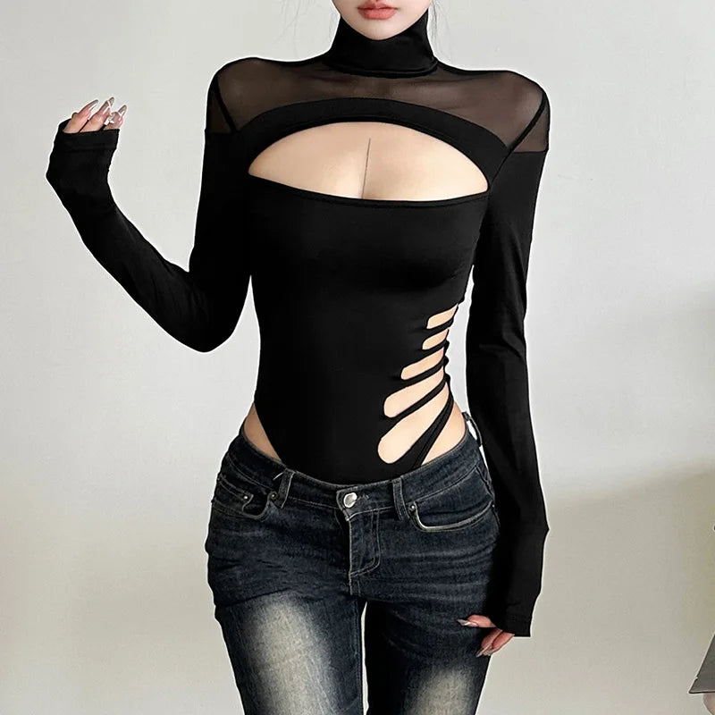 Goth Dark Hollouw Out Long Sleeve Skinny Bodysuit Women Y2K Grunge Mesh Patchwork Playsuits Mall Goth Fashion Street Bodysuits