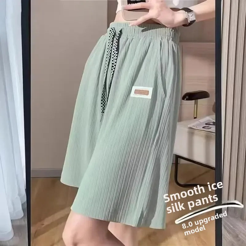 2024 Summer New Men's Women's Hong Kong Style Simple Basic Straight-Leg Casual Ice Silk Draped Shorts