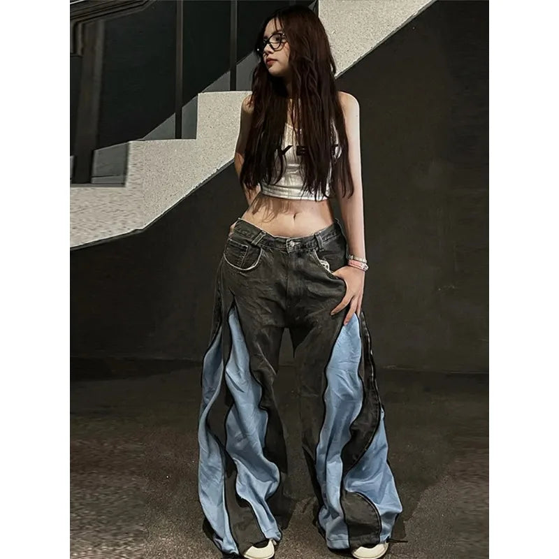 Women's Hip Hop Two-tone Patchwork Low Rise Zipper Denim Pants Baggy Wide Leg Dragging Designer Trousers High Street Jeans Pants