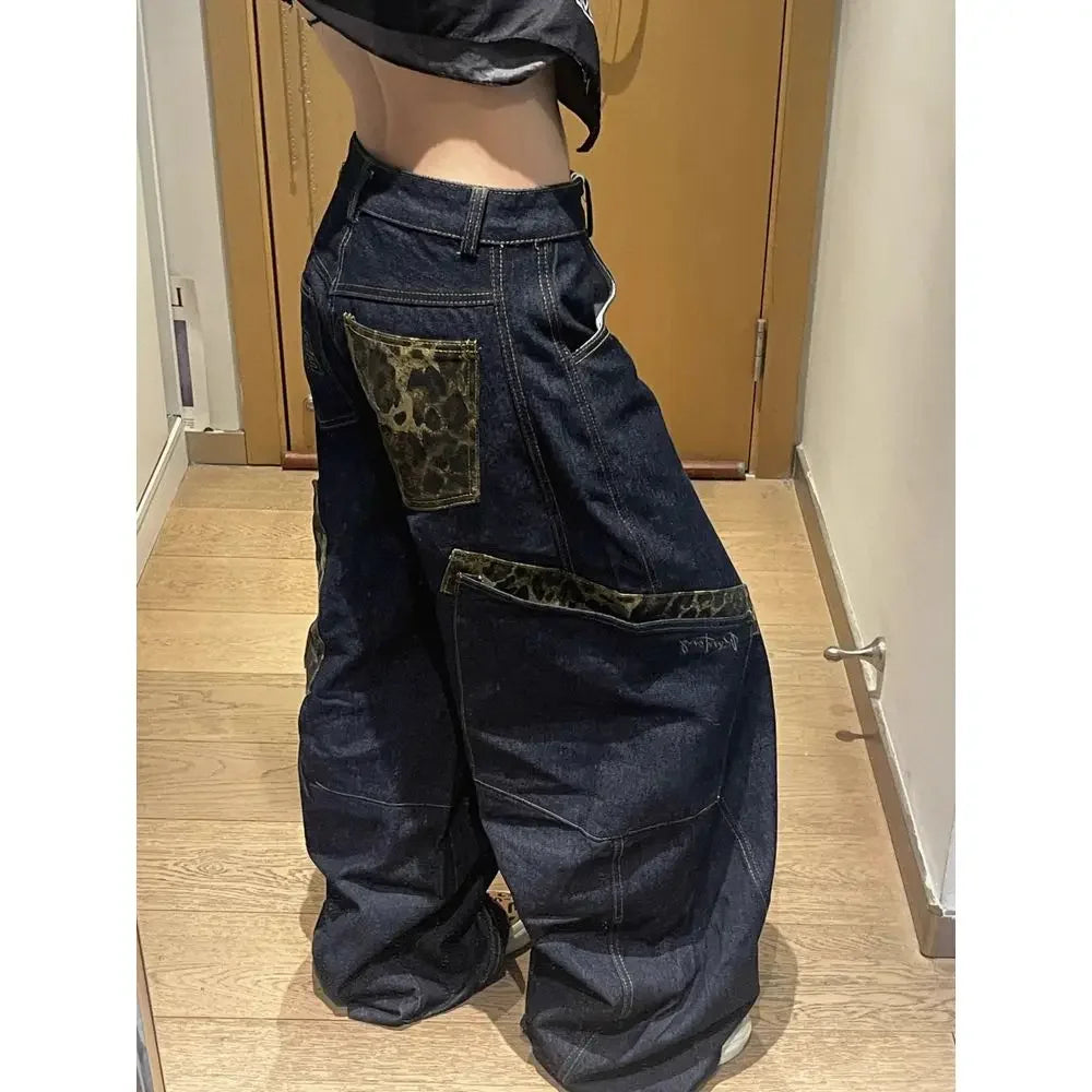 Retro High Street Loose Fit Deep Blue Wide Leg Jeans for Women with Slimming Flare Design Perfect for Autumn Winter Casual Style