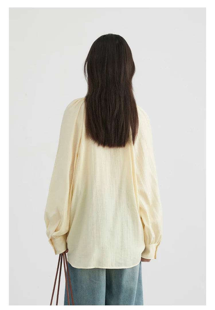 CHIC VEN Women Loose Lace Up Shirt Solid New Korean V-neck Pleated Raglan Long Sleeved Blouses Female Tops Spring Summer 2025