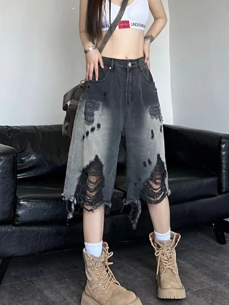 Zoki Harajuku Hole Y2K Denim Shorts Women Streetwear Vintage Gradient Jeans Shorts American Retro Bf Hip Hop Design Shorts New