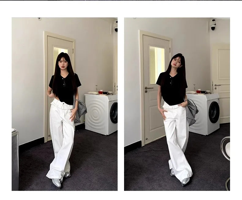 Casual Patchwork Pleated Wide Leg Pants Loose Solid High-Waisted Straight Pants Women Fashion Streetwear Lady Jeans