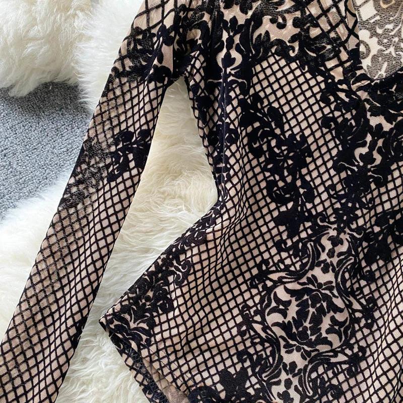 Autumn New Floral Print Bodysuit for Women Fashion Streetwear Elegant Stand Collar Long Sleeve Tight Fit Mesh Body Top Chic 2024