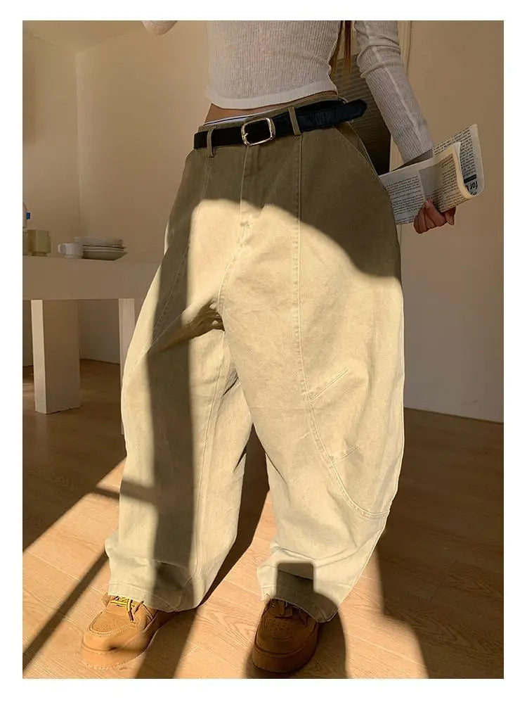 HOUZHOU Y2K Vintage Wash Women Cargo Jeans Harajuku Scimitar Wide Leg American Retro Denim Pants Baggy Trousers Gyaru Streetwear