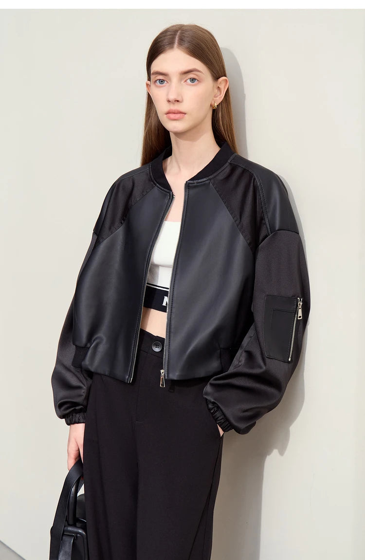 Amii Minimalism PU Leather for Women 2024 Autumn New Casual Handsome Baseball Collar Zipper Short Retro Female Jacket 12423080
