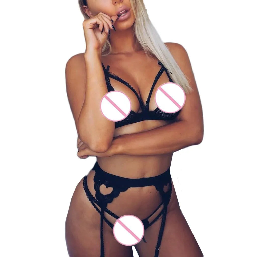 Leechee Sexy Women's Underwear Floral Lace Lingerie Set With Garter Black Wire Free Brassiere Transparent Underwear Bra Sets