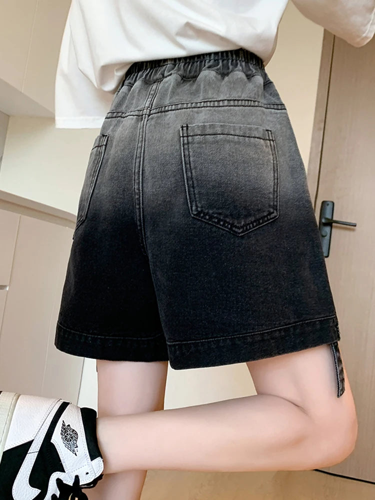 Gradient Plus Size Denim Shorts For Women Summer 2024 New High Elastic Waist Pockets Wide Leg Loose Jean Short Femme Hot Sale