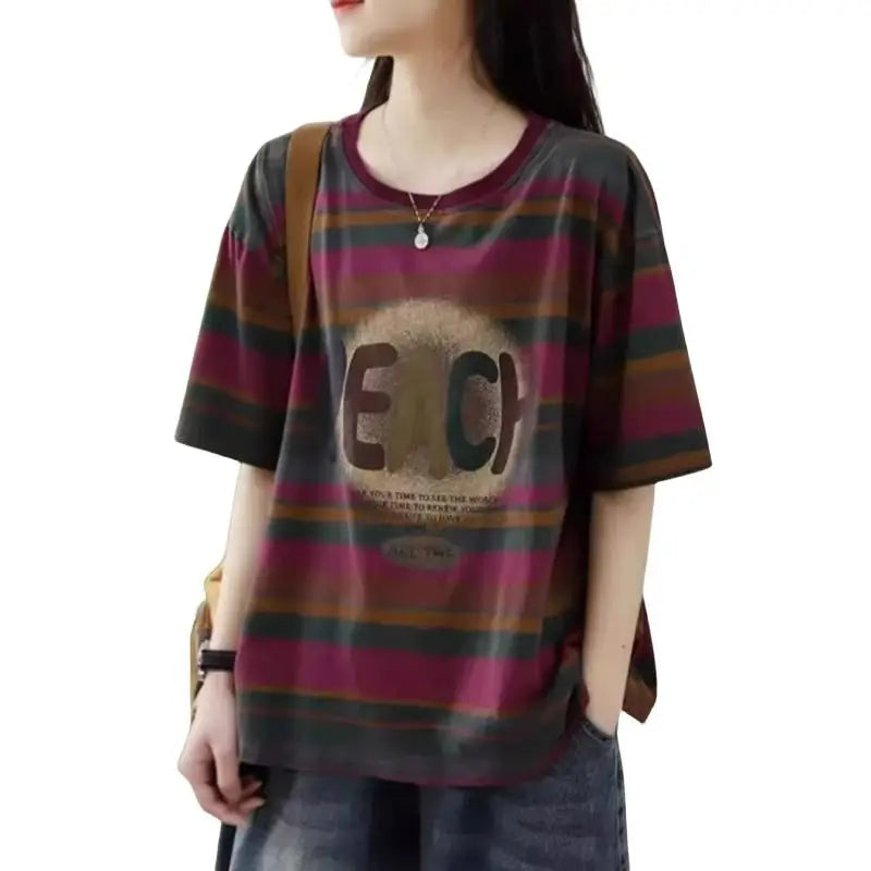 New Striped Print Letter Vintage Tops Summer Short Sleeve Loose Plus Size Street Casual T Shirts Fashion Harajuku Women Clothing
