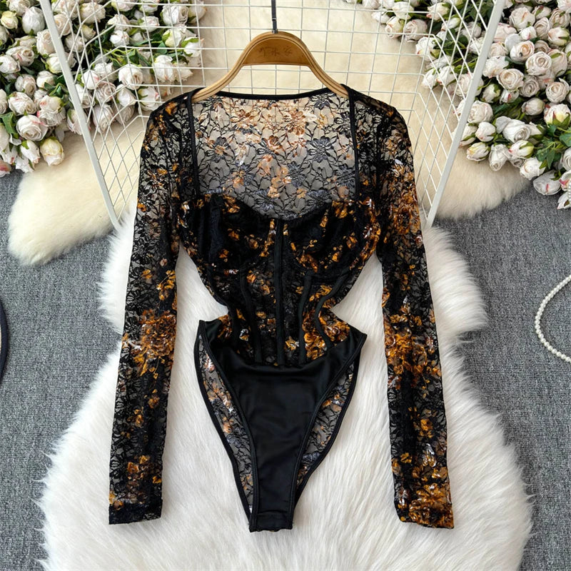 Women's Green Lace Jumpsuits Vintage Skinny Playsuits Harajuku Long Sleeve Square Collar Exotic Sexy Rompers Coquette Clothes