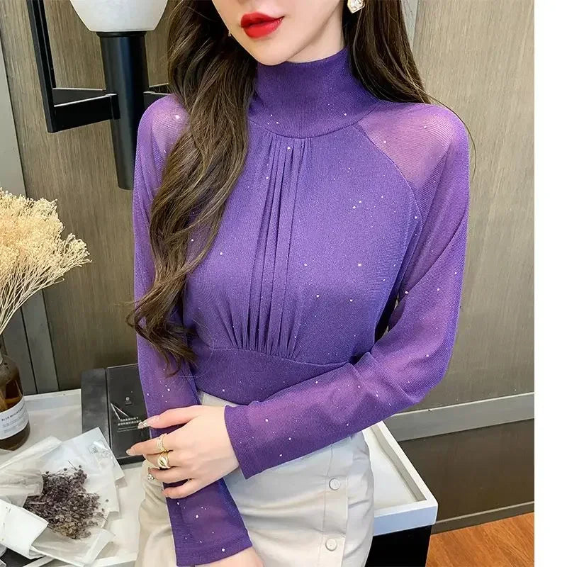 Sequin Long Sleeve T Shirt for Women Rhinestone Slim Plain Glitter Tops Woman Korean Popular Clothes With Sleeves Pulovers Kpop