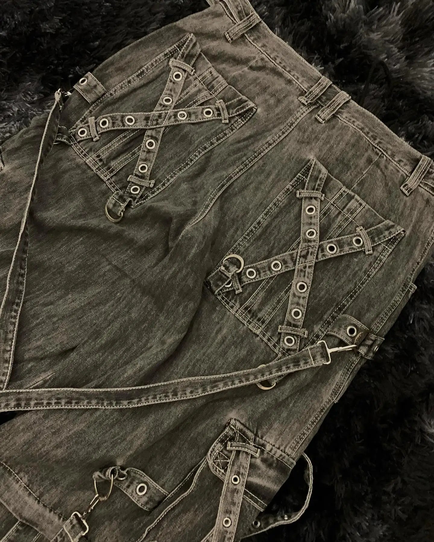 Punk Retro Trendy Strap Jeans Y2k Men Women Hip Hop Multi Pocket Baggy Denim Pants Fashion Patchwork Cargo Trouser Streetwear