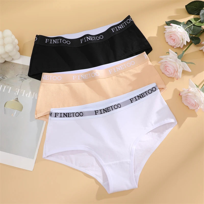 FINETOO 3Pcs Cotton Letter Belt Underwear Women's Panties Sexy Breathable Low Waist Briefs Female Stretch Comfortable Lingerie
