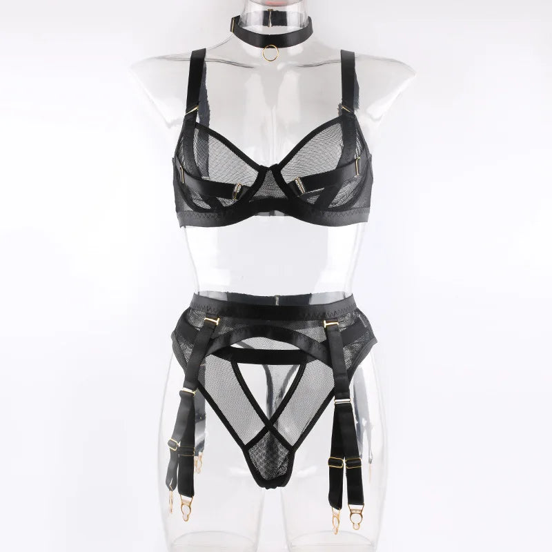 Cross-border new black mesh heavy-duty push-up bra with steel ring garter belt sexy sister lingerie set neck strap