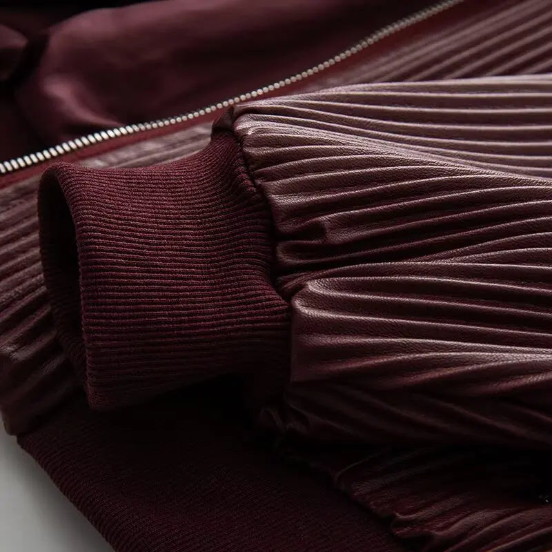 Faux Leather Jackets Women's Coat Wine Red Outwear Solid Long Sleeve Tops inszart 2025 With Zipper Streetwear Fashion Woman Coat