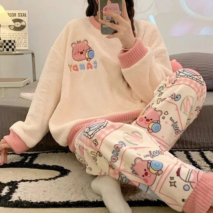 Transborder Flannel Pyjamas Women's Autumn Winter Round Neck Long Sleeve Cute Japanese Cartoon Student Warm Home Clothes Set