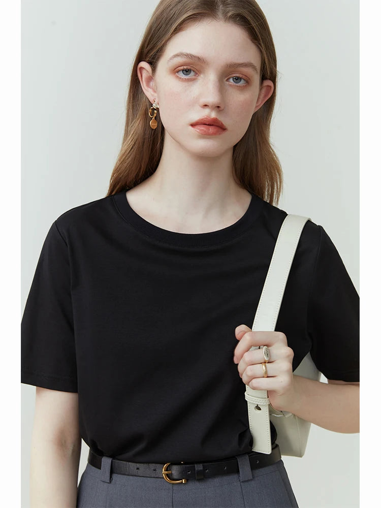 FSLE 100% Cotton Short-Sleeved T-Shirt Women'S Spring Summer 2023 New Round Neck Straight White Black Top For Women