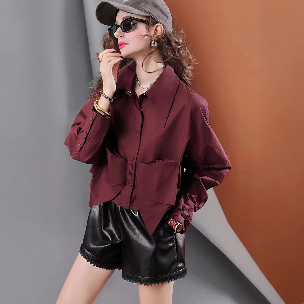 Spring new niche design solid color bow pleated short casual women's shirt for  women