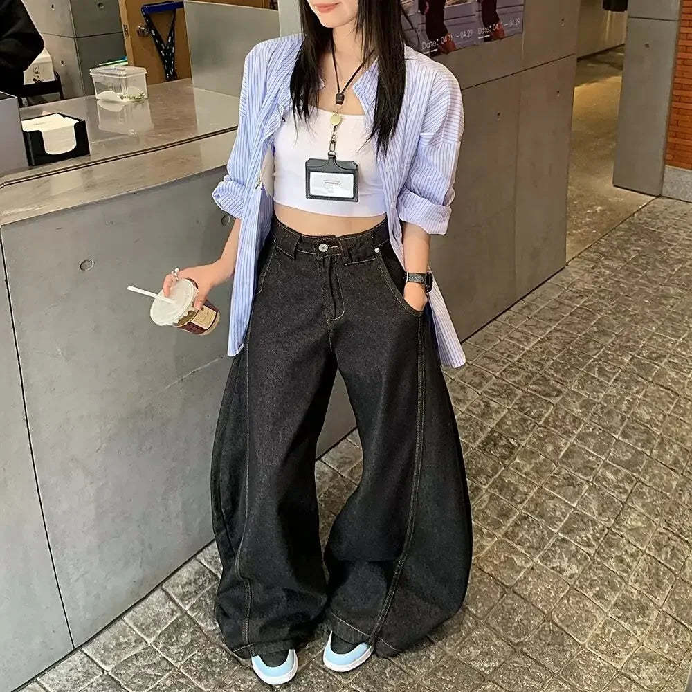 Men's Summer High Waist Straight Leg Jeans Slimming Loose Wide Leg Pants Retro Knife Edge Design Casual Fashion