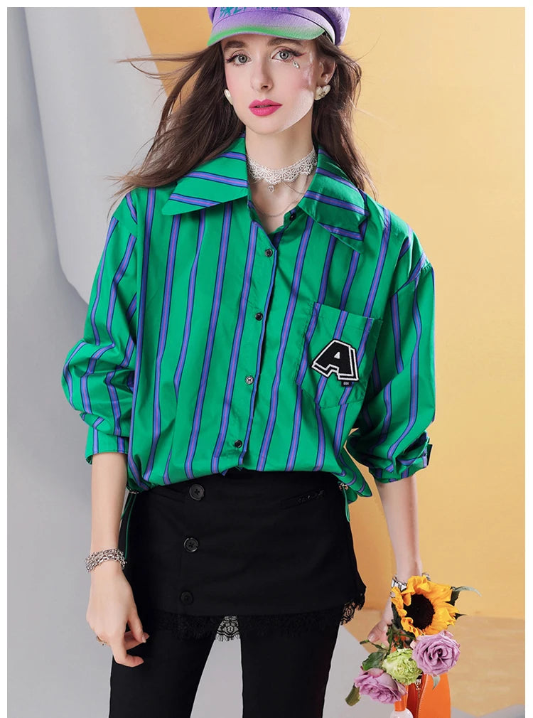 Women’s Cropped Loose Fit Striped Shirt with Letter Patch, Casual Button Down Blouse, Pink Streetwear Long Sleeve Top