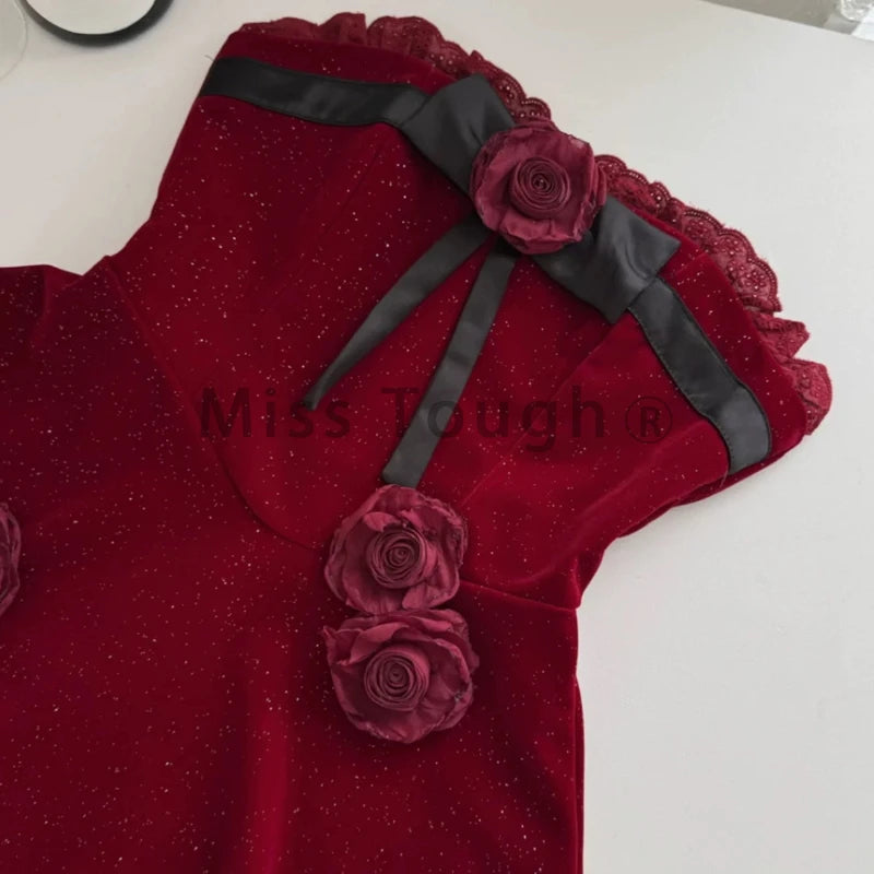 Gothic Y2k Lolita Style One Piece Dress Women Sexy Red Rose Flower Bow Party Mini Dress Japanese Fashion Elegant Dresses 2025