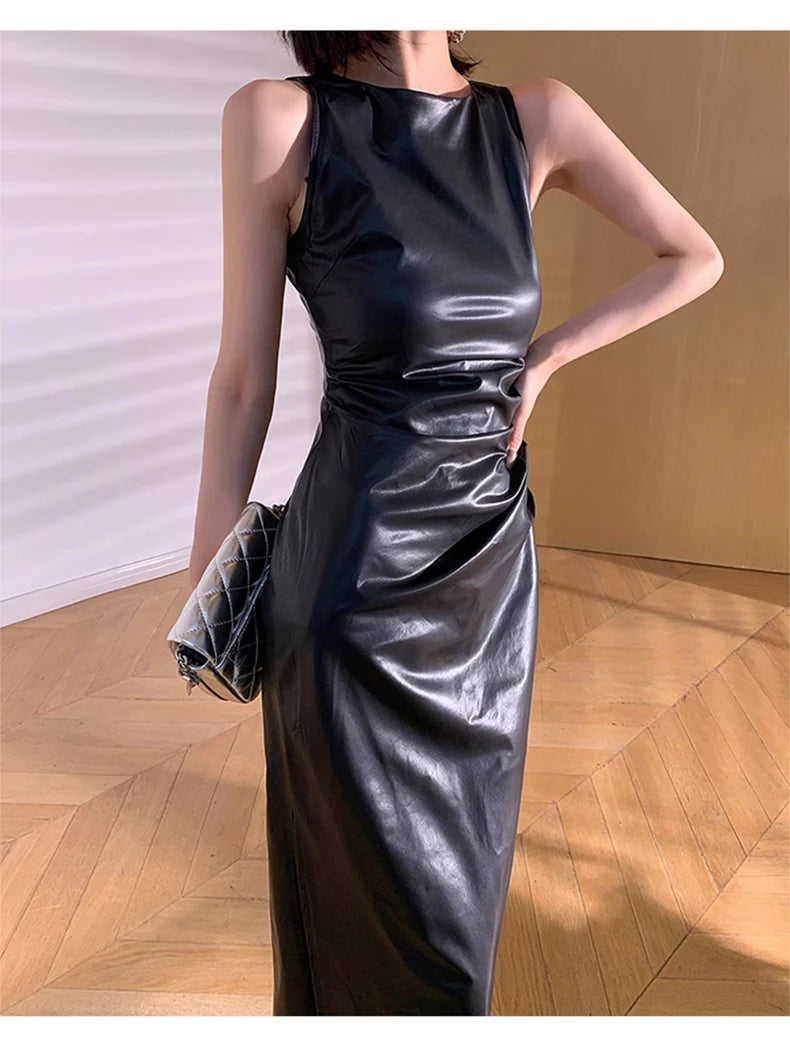 Lautaro Spring Autumn Sleeveless Backless Black Stretchy Blue Soft Faux Leather Midi Tank Dress Women Slim Fit Long Dresses 2023