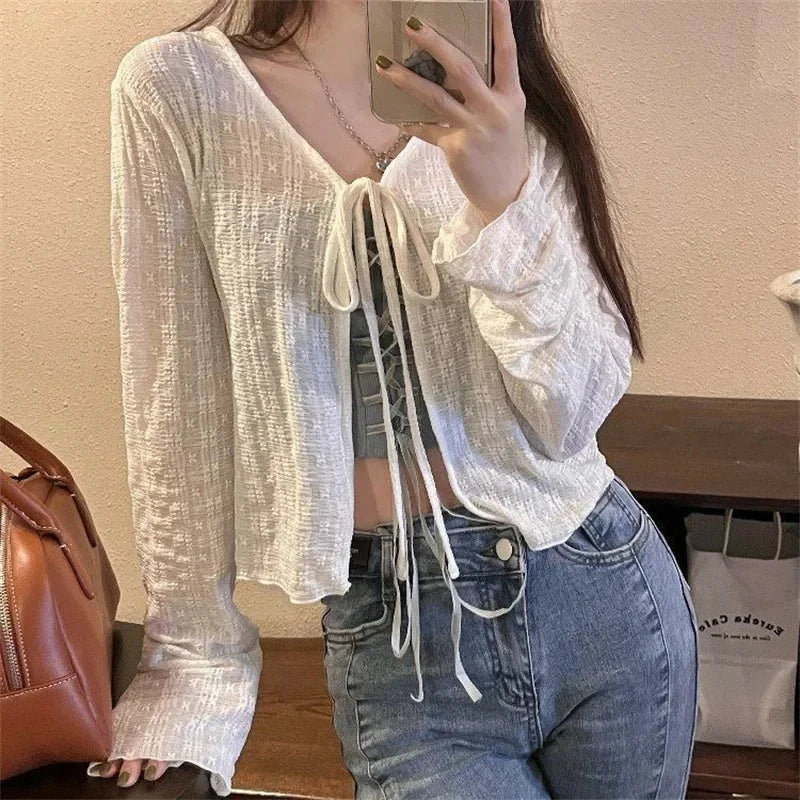 Women's Knitted Summer Top Thin Short Sleeve Bow Design Korean Cardigan Fashion Casual Solid Color Sun Protection Y2k Blouse